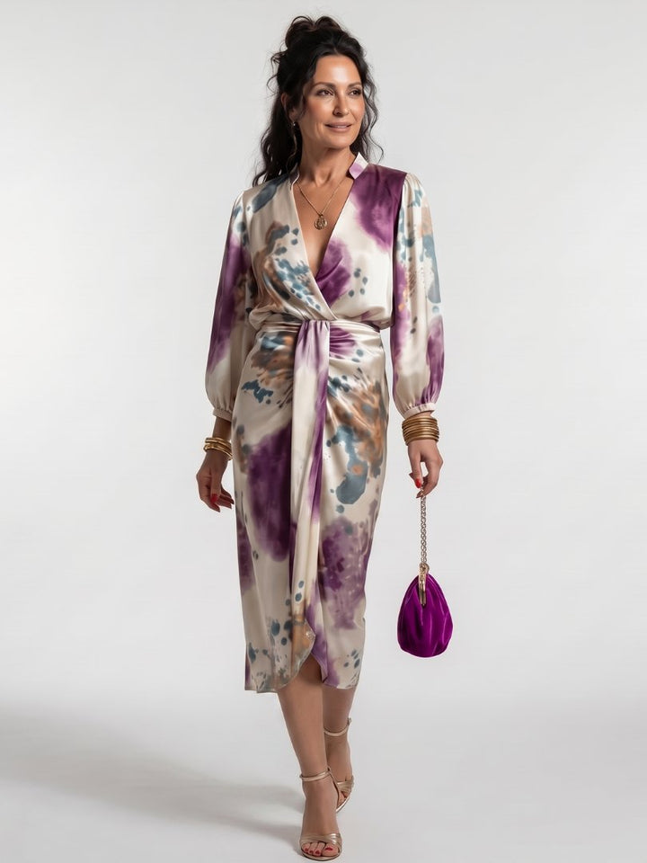 Women's Cross Wrap Tie Waist Printed Midi Dress Hero