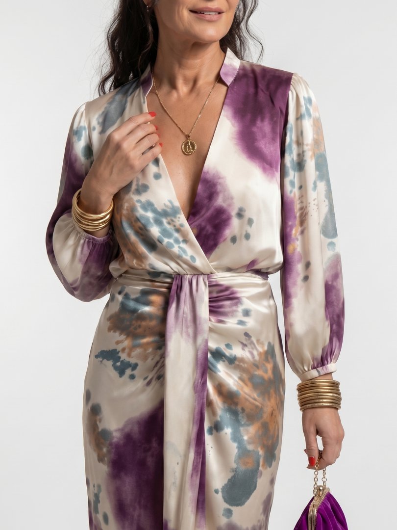 Women's Cross Wrap Tie Waist Printed Midi Dress Side