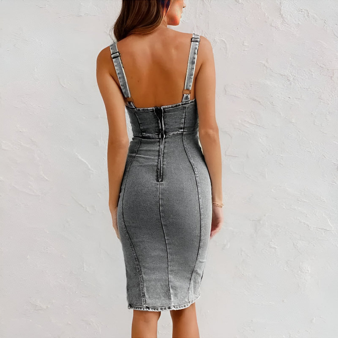 Women's Denim Sleeveless Midi Dress | Corset Seam with Front Slit Side