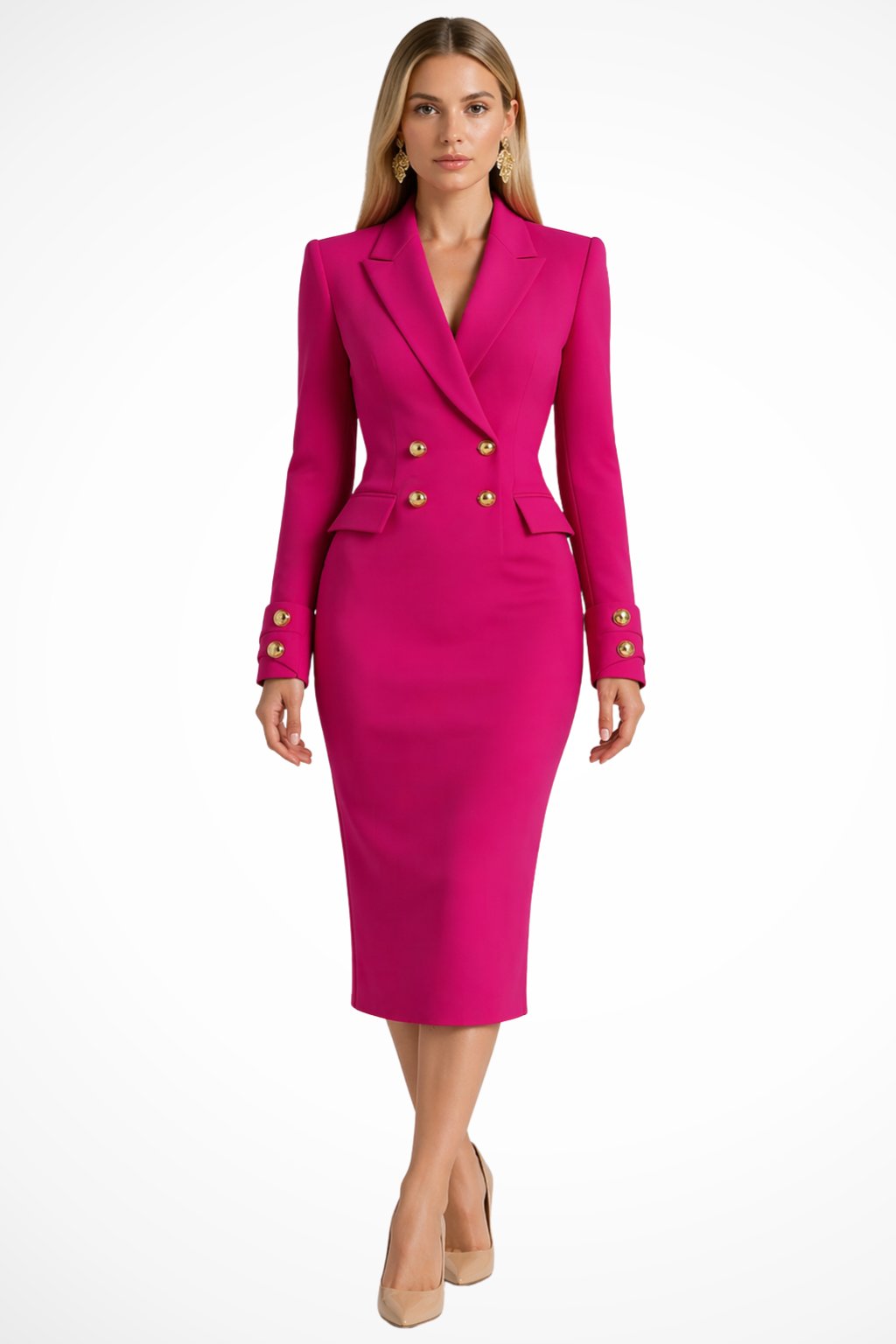 Women's Double Breasted Blazer Midi Dress | Gold Button Detail Back