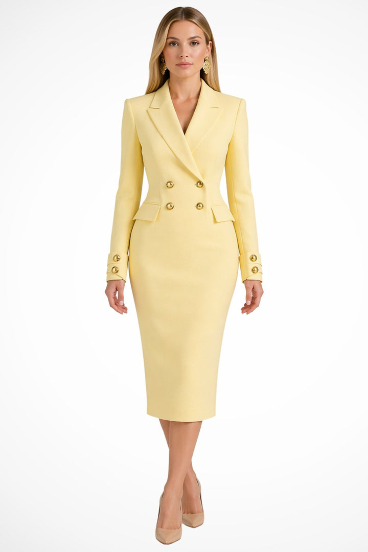 Women's Double Breasted Blazer Midi Dress | Gold Button Detail Close Up