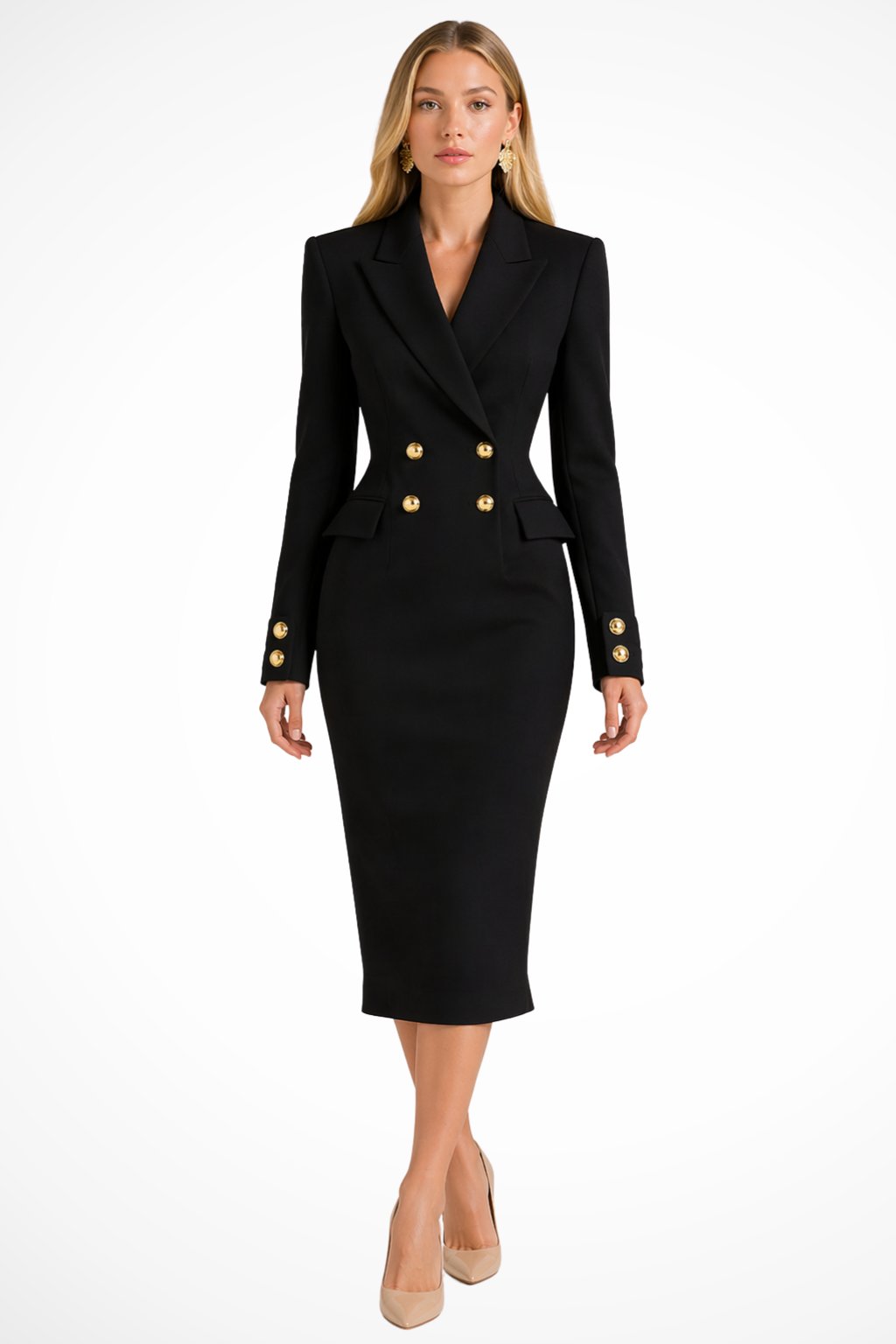 Women's Double Breasted Blazer Midi Dress | Gold Button Detail Detail