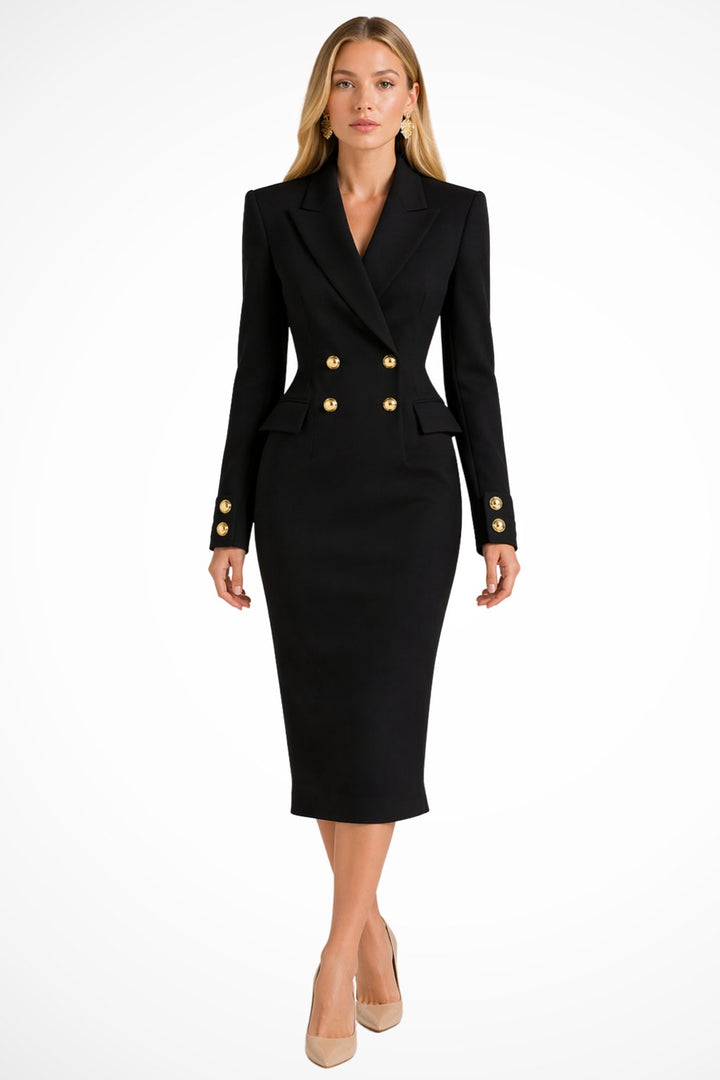 Women's Double Breasted Blazer Midi Dress | Gold Button Detail Detail
