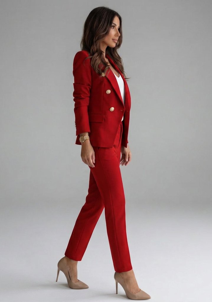 Women's Double-Breasted Blazer Set | Gold Button Tailored Trousers Detail
