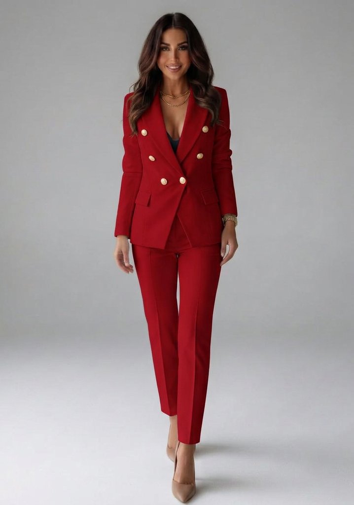 Women's Double-Breasted Blazer Set | Gold Button Tailored Trousers Front