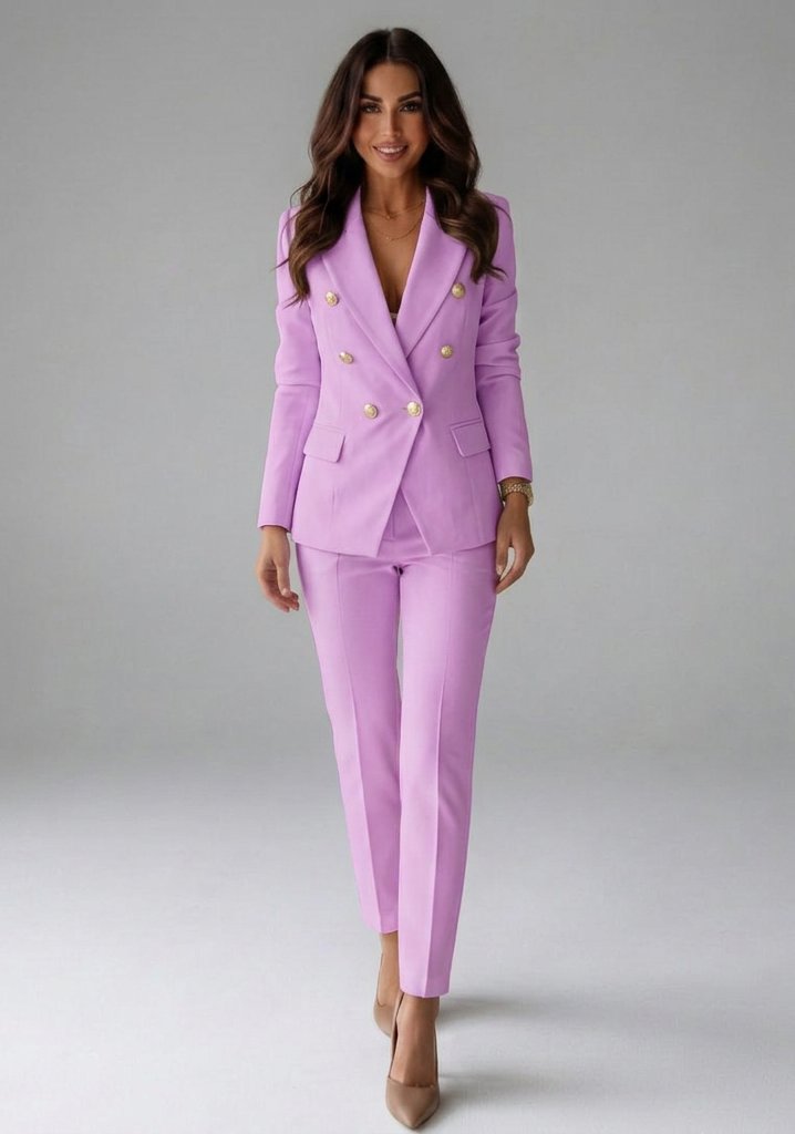 Women's Double-Breasted Blazer Set | Gold Button Tailored Trousers Full