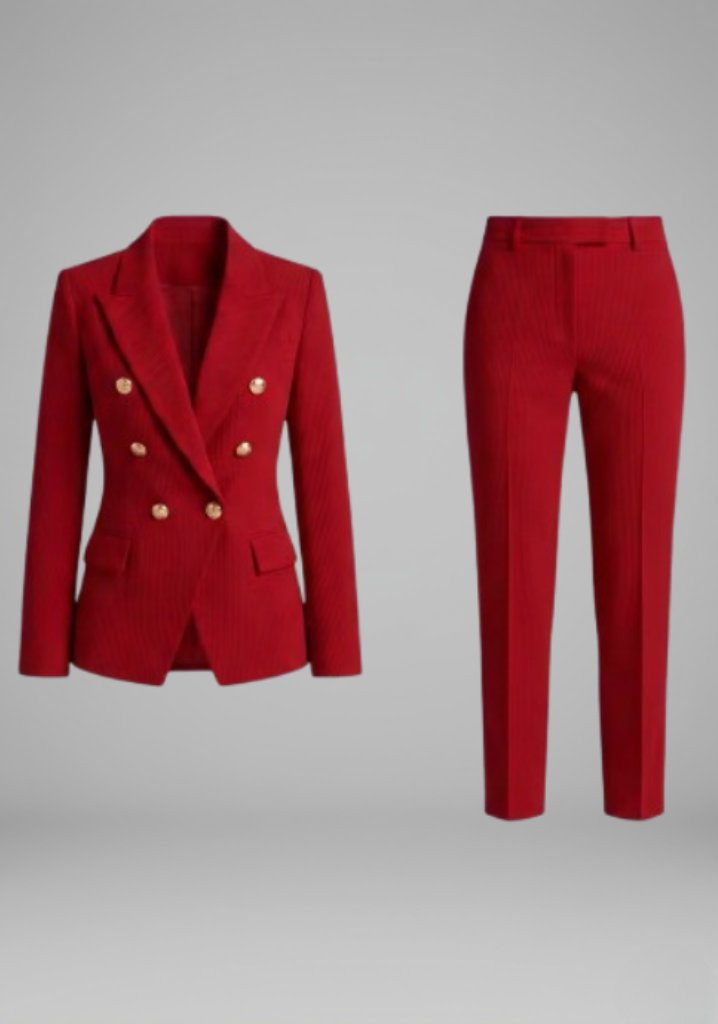 Women's Double-Breasted Blazer Set | Gold Button Tailored Trousers Hero