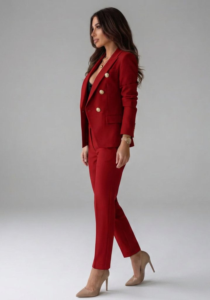 Women's Double-Breasted Blazer Set | Gold Button Tailored Trousers Side