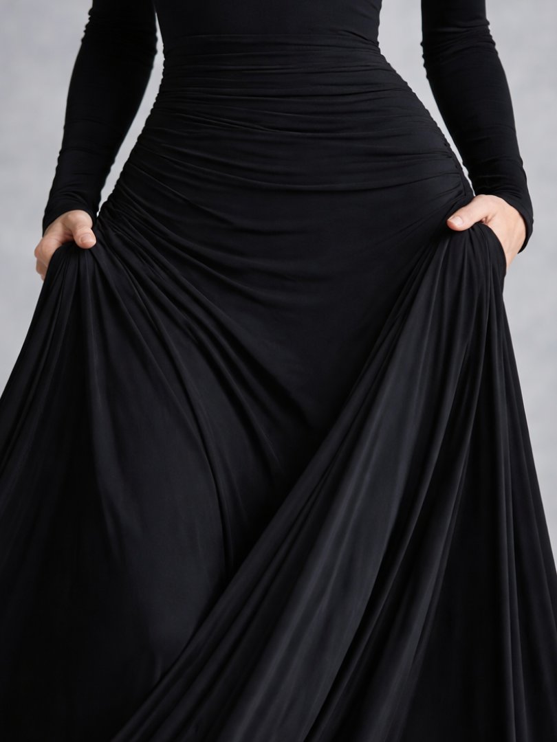 Women's Draped Maxi Dress | Long Sleeve with Flared Skirt Close Up