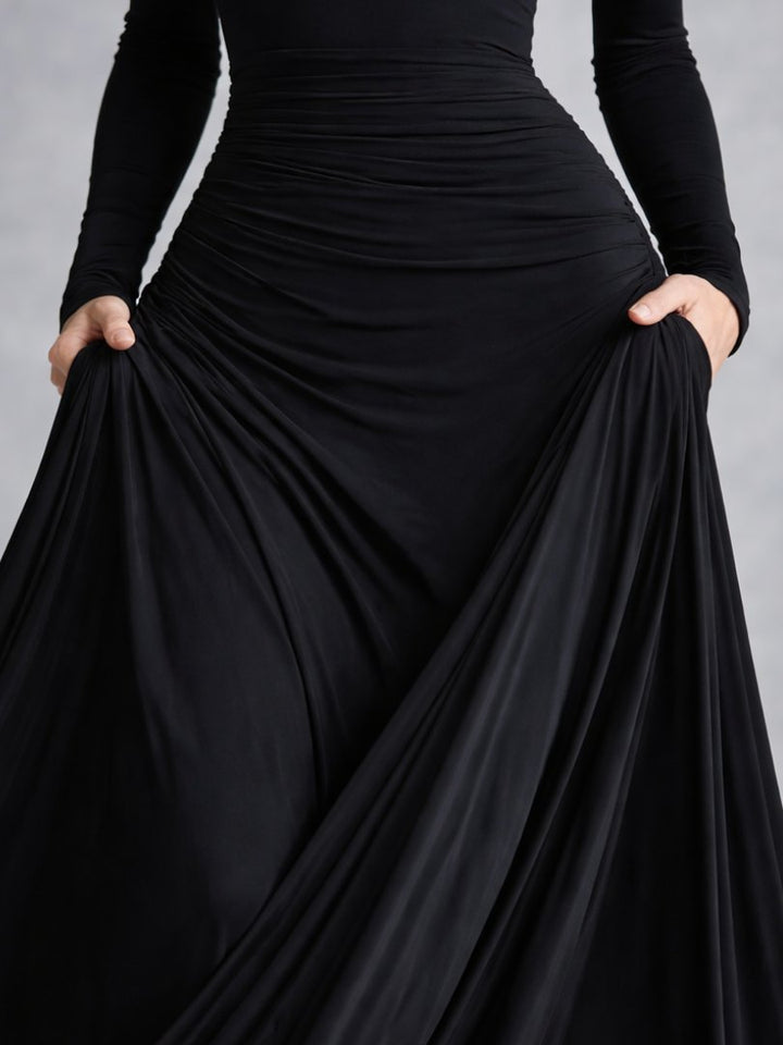 Women's Draped Maxi Dress | Long Sleeve with Flared Skirt Close Up