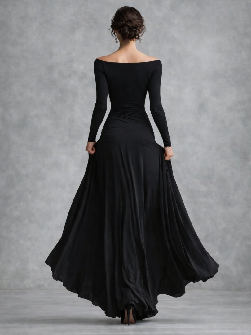 Women's Draped Maxi Dress | Long Sleeve with Flared Skirt Detail