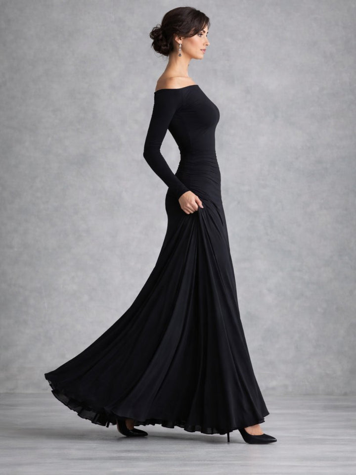 Women's Draped Maxi Dress | Long Sleeve with Flared Skirt Front