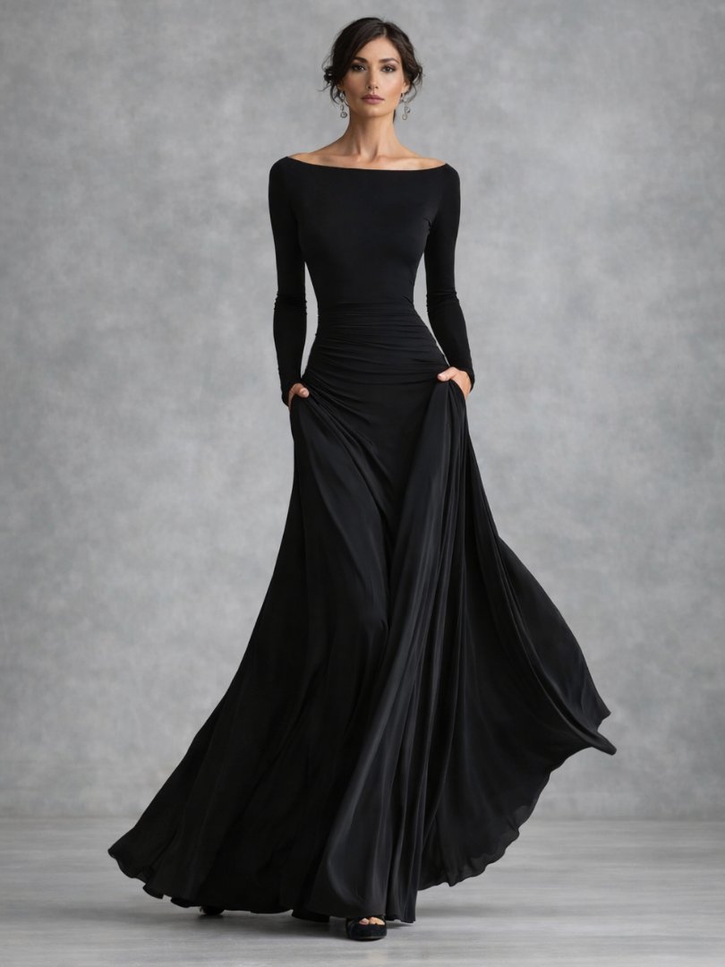 Women's Draped Maxi Dress | Long Sleeve with Flared Skirt Hero