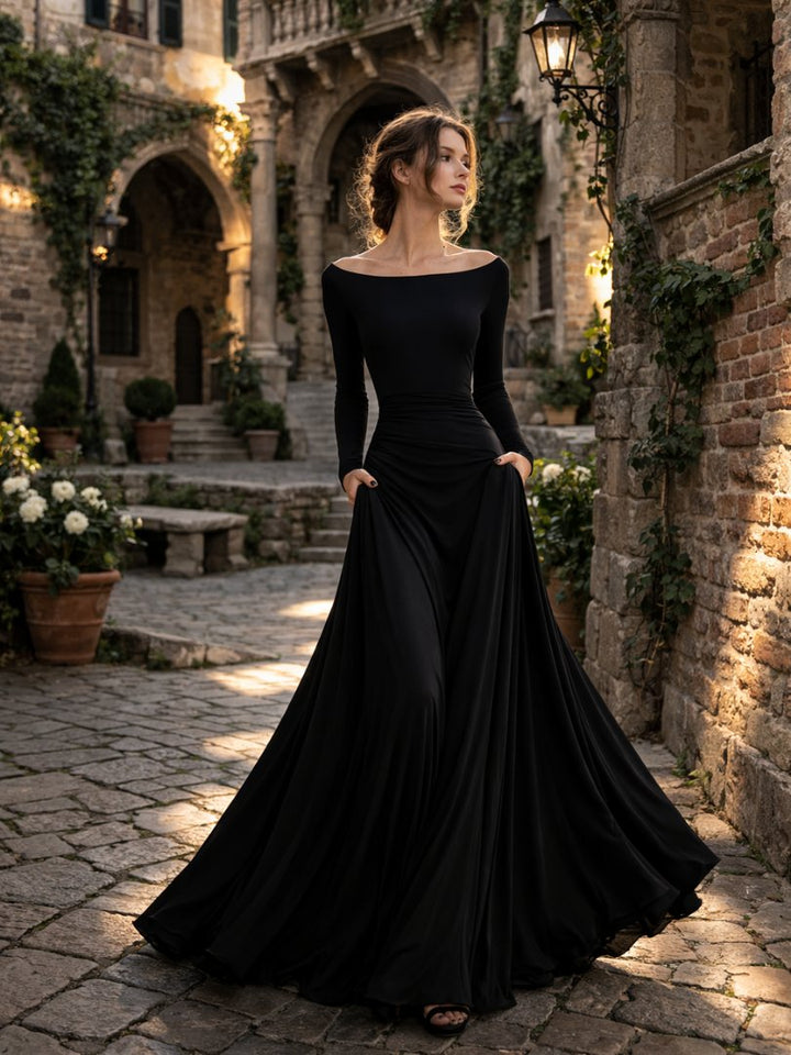 Women's Draped Maxi Dress | Long Sleeve with Flared Skirt Lifestyle