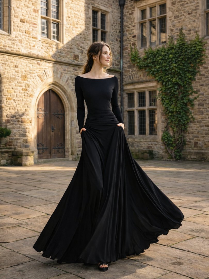Women's Draped Maxi Dress | Long Sleeve with Flared Skirt Side