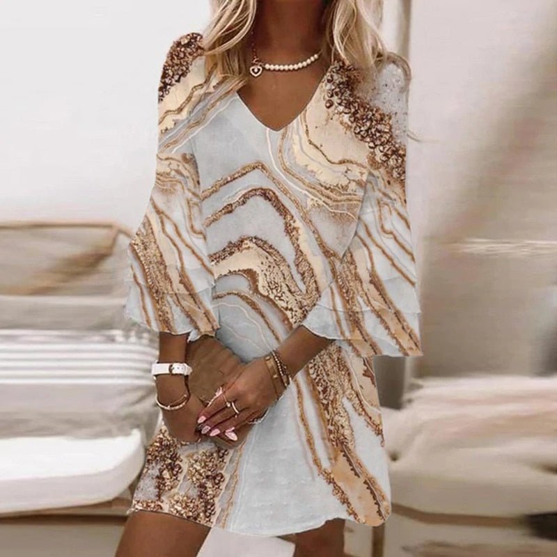 Women's Elegant Flare Sleeve Mini Dress | Marble Print Hero