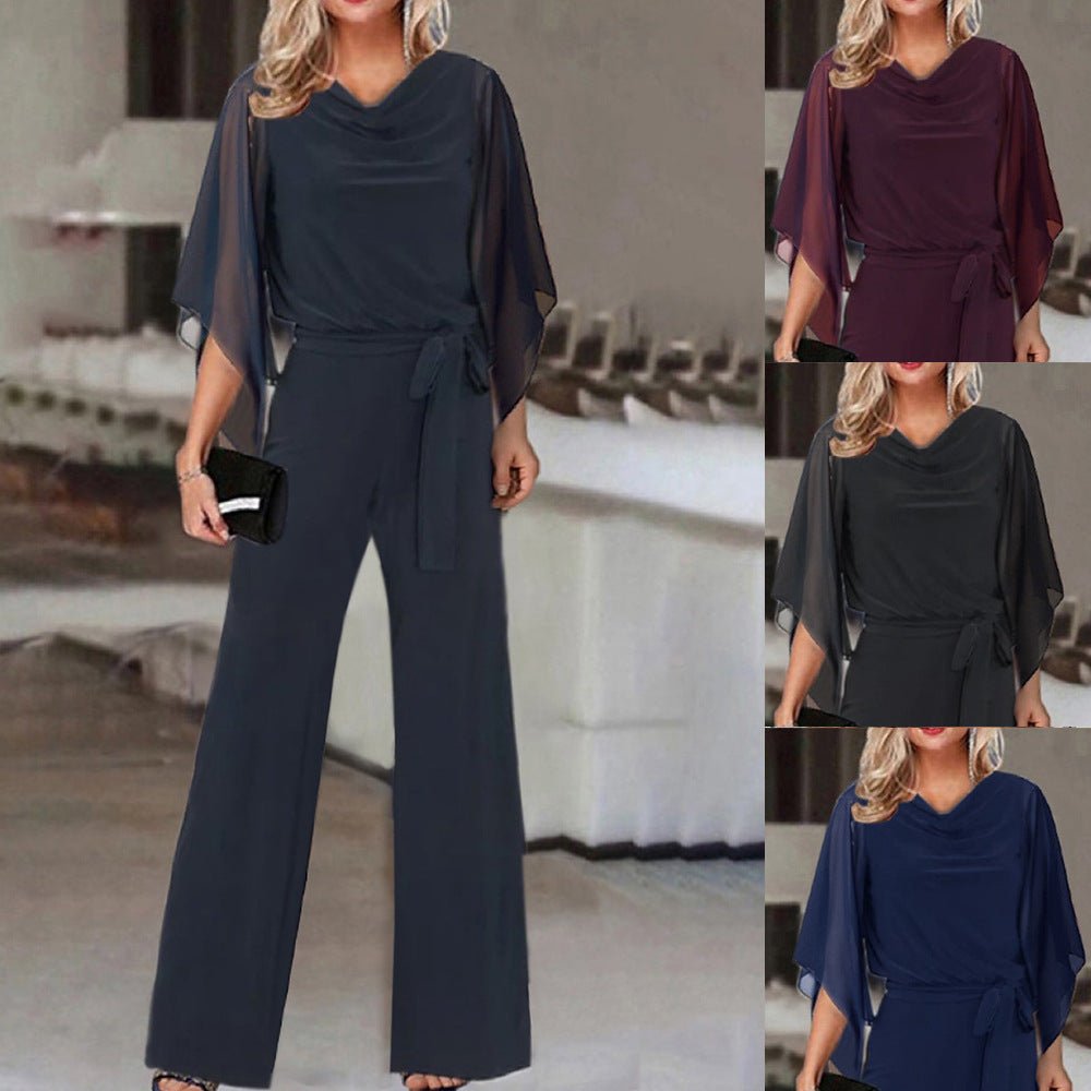 Women's Elegant Jumpsuit | Draped Cape Sleeves Wide Leg Hero