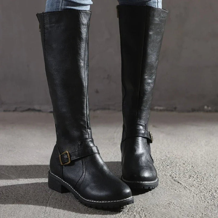 Women's Elegant Leather Boots | Knee-High Riding Zip Side Detail