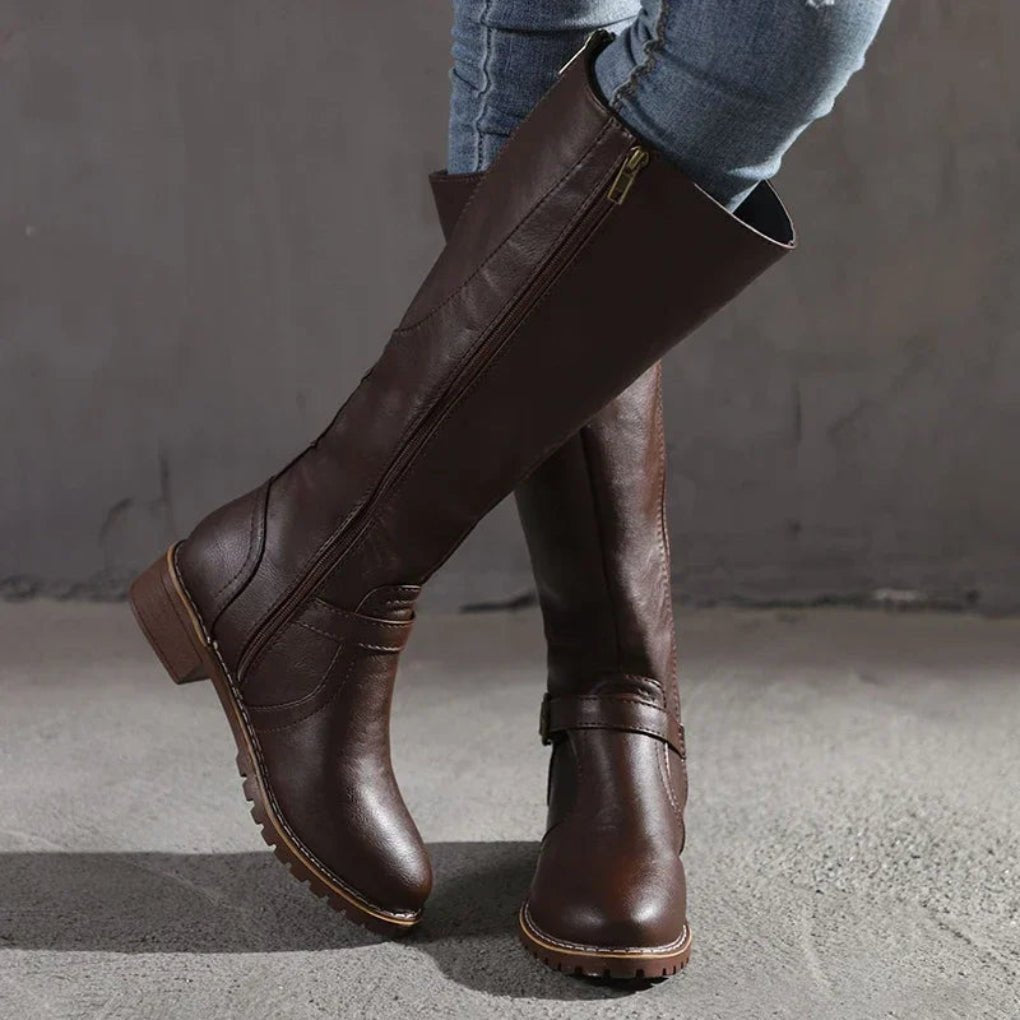 Women's Elegant Leather Boots | Knee-High Riding Zip Side Front