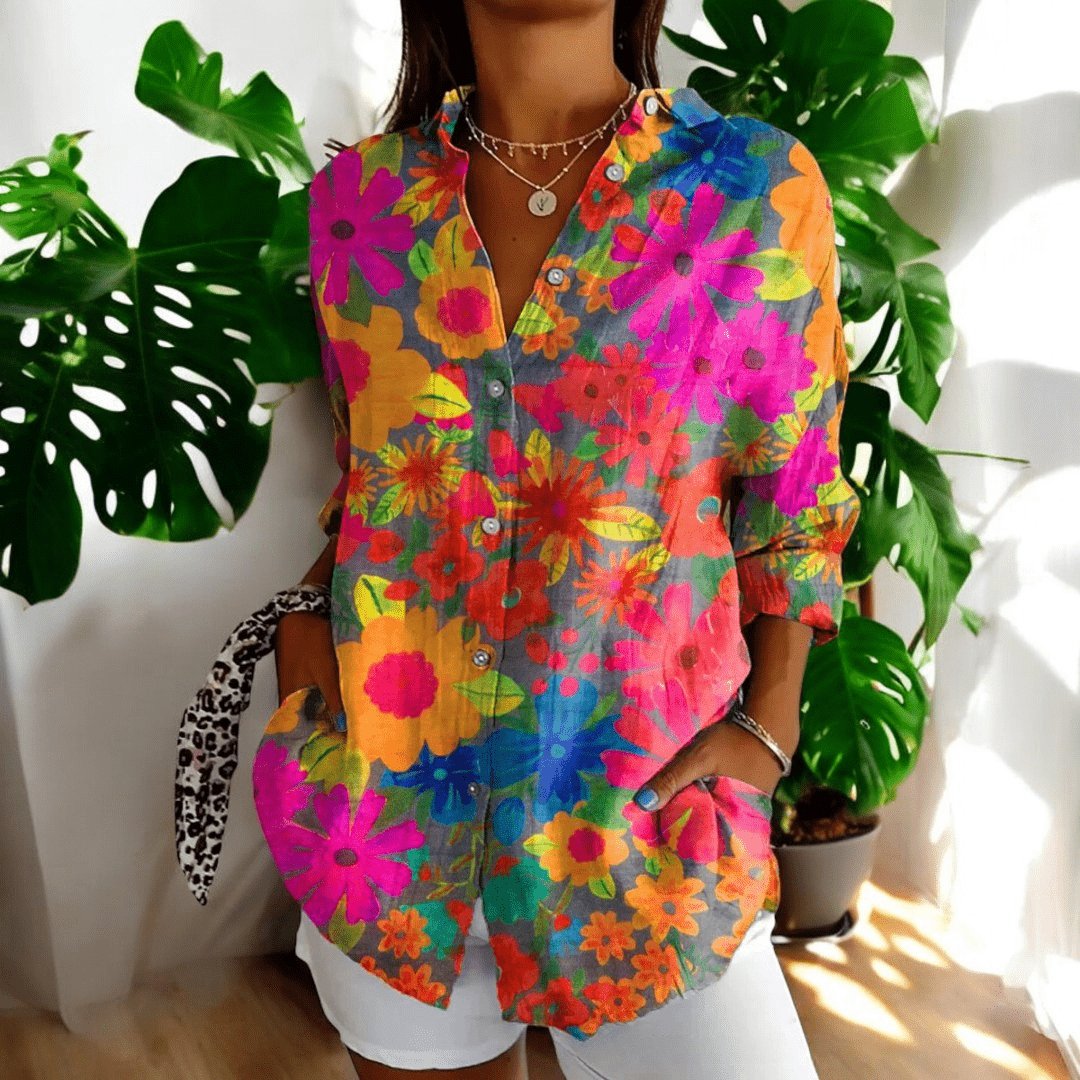 Women's Elegant Vintage Blouse | Hibiscus Print Relaxed Fit Alternate