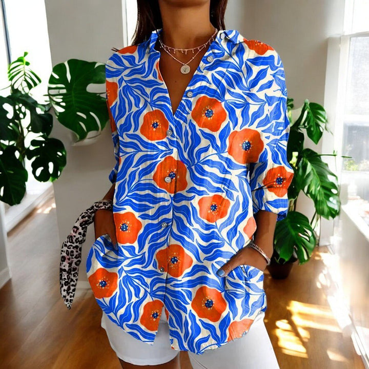 Women's Elegant Vintage Blouse | Hibiscus Print Relaxed Fit Back