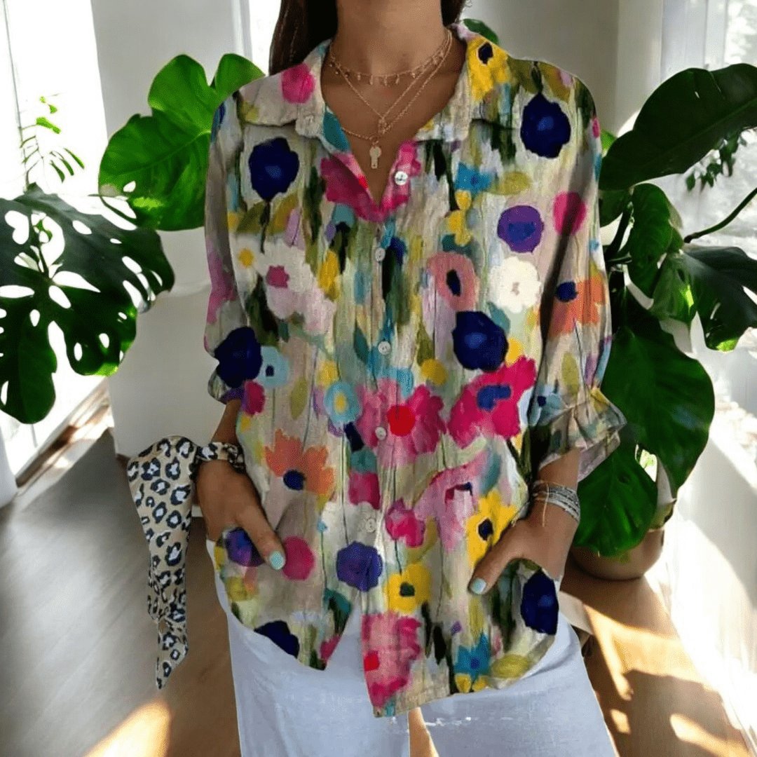 Women's Elegant Vintage Blouse | Hibiscus Print Relaxed Fit Close Up