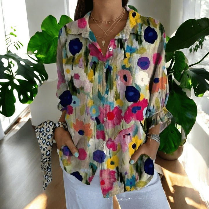 Women's Elegant Vintage Blouse | Hibiscus Print Relaxed Fit Close Up