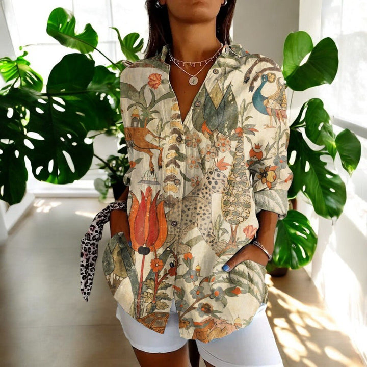 Women's Elegant Vintage Blouse | Hibiscus Print Relaxed Fit Detail
