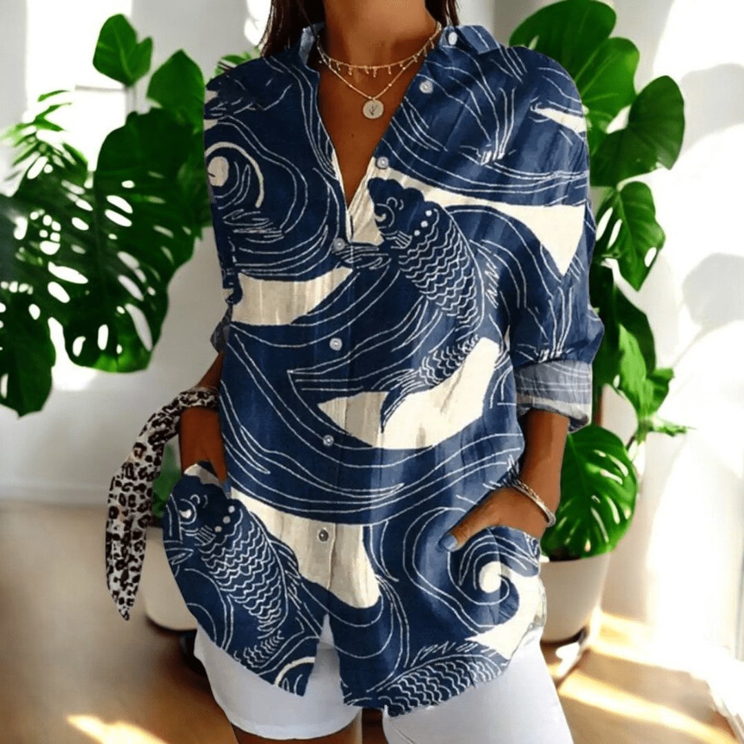 Women's Elegant Vintage Blouse | Hibiscus Print Relaxed Fit Front