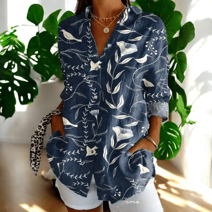 Women's Elegant Vintage Blouse | Hibiscus Print Relaxed Fit Full