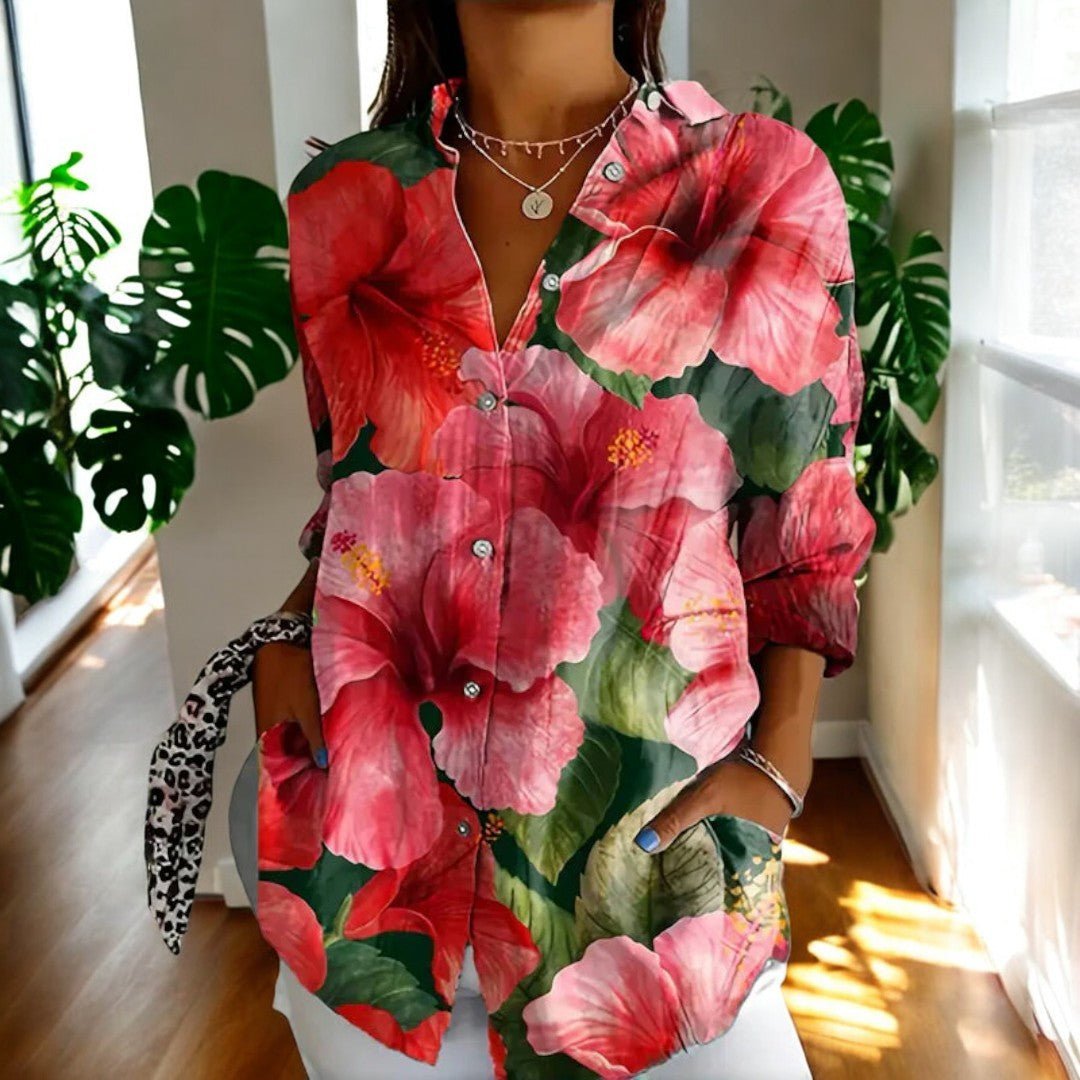 Women's Elegant Vintage Blouse | Hibiscus Print Relaxed Fit Hero
