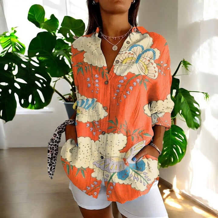 Women's Elegant Vintage Blouse | Hibiscus Print Relaxed Fit Side
