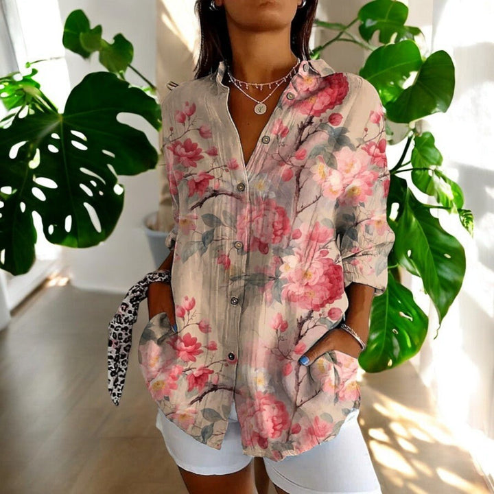 Women's Elegant Vintage Blouse | Hibiscus Print Relaxed Fit View 11