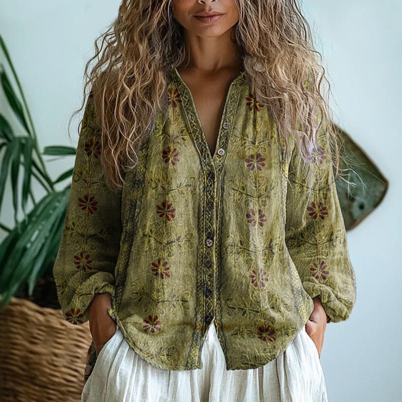 Women's Elegant Vintage Leaf Print Shirt Detail