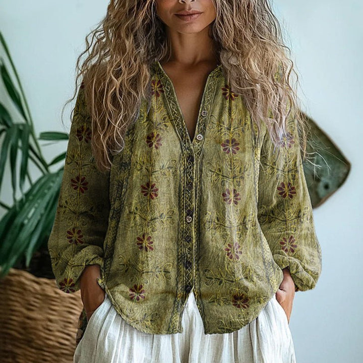 Women's Elegant Vintage Leaf Print Shirt Detail