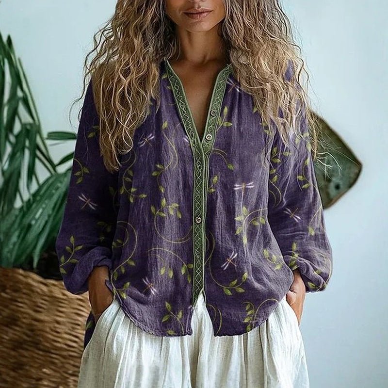 Women's Elegant Vintage Leaf Print Shirt Hero