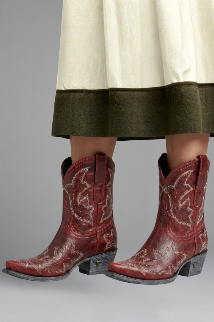 Women's Embroidered Boots | Western Mid-Calf Leather Pull On Back
