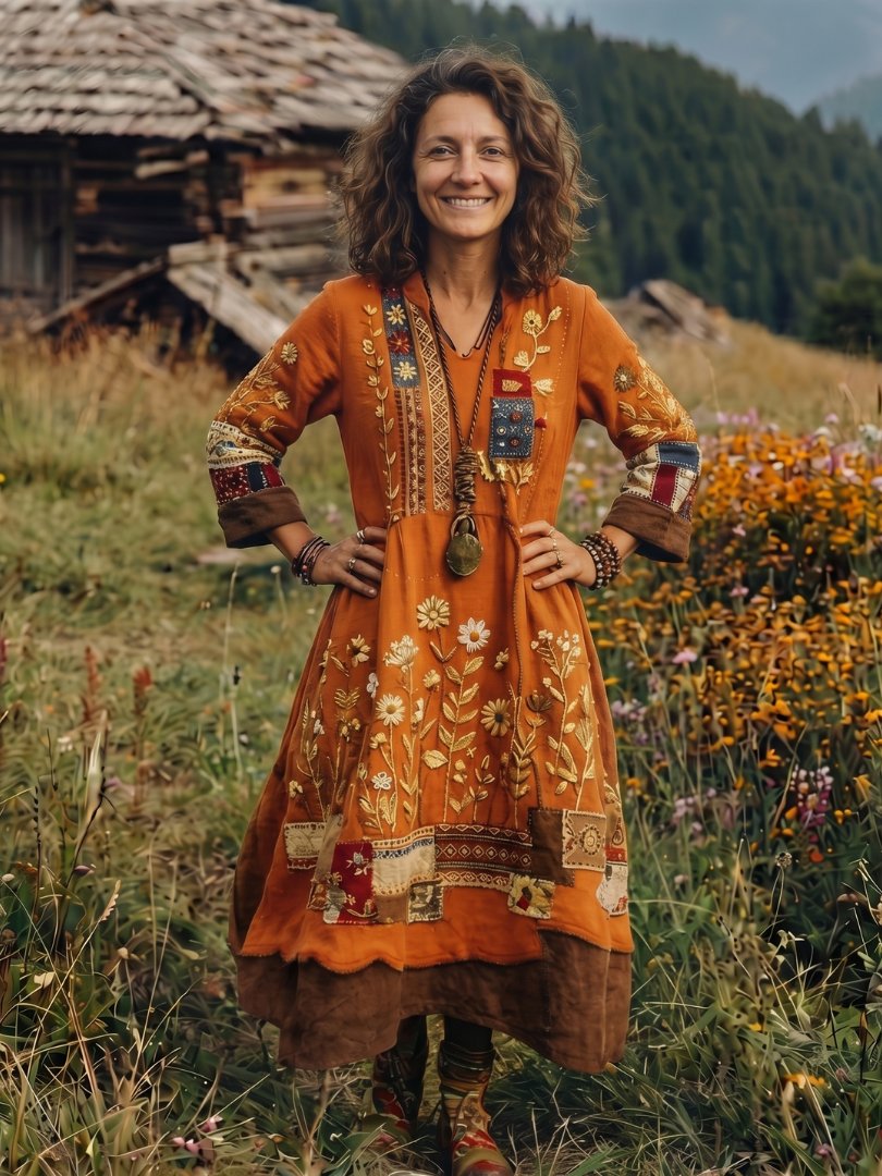 Women's Embroidered Panel Long Sleeve Midi Dress Alternate