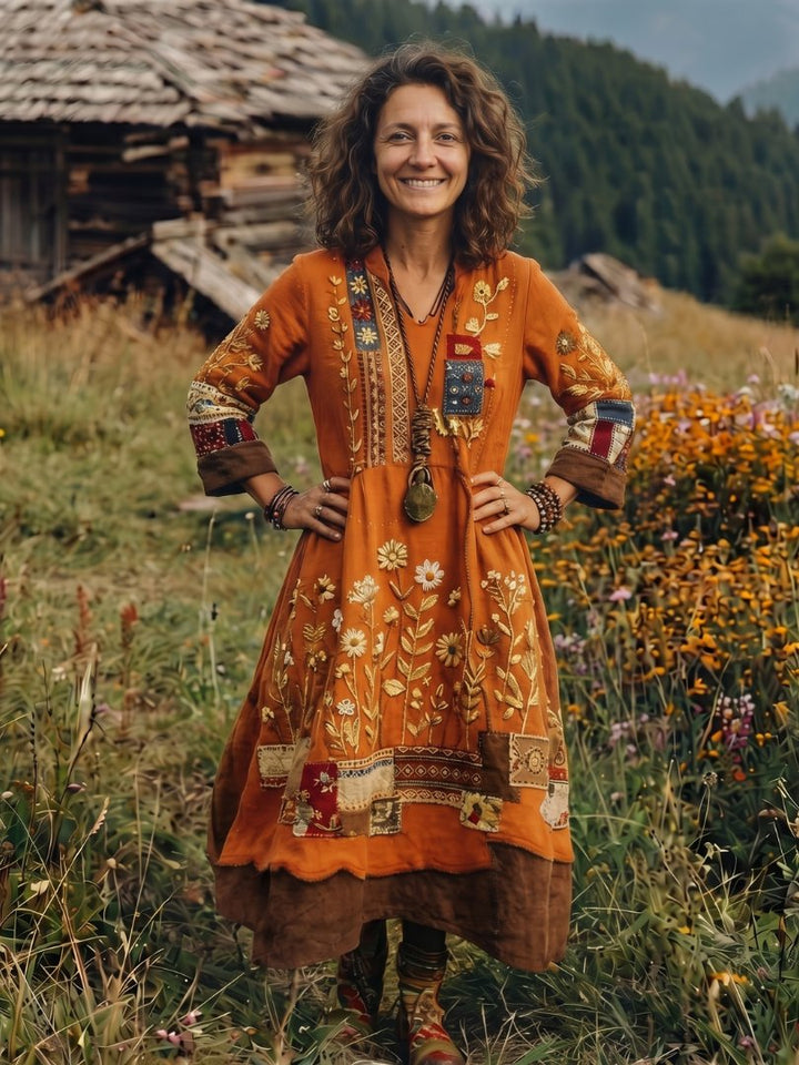 Women's Embroidered Panel Long Sleeve Midi Dress Alternate