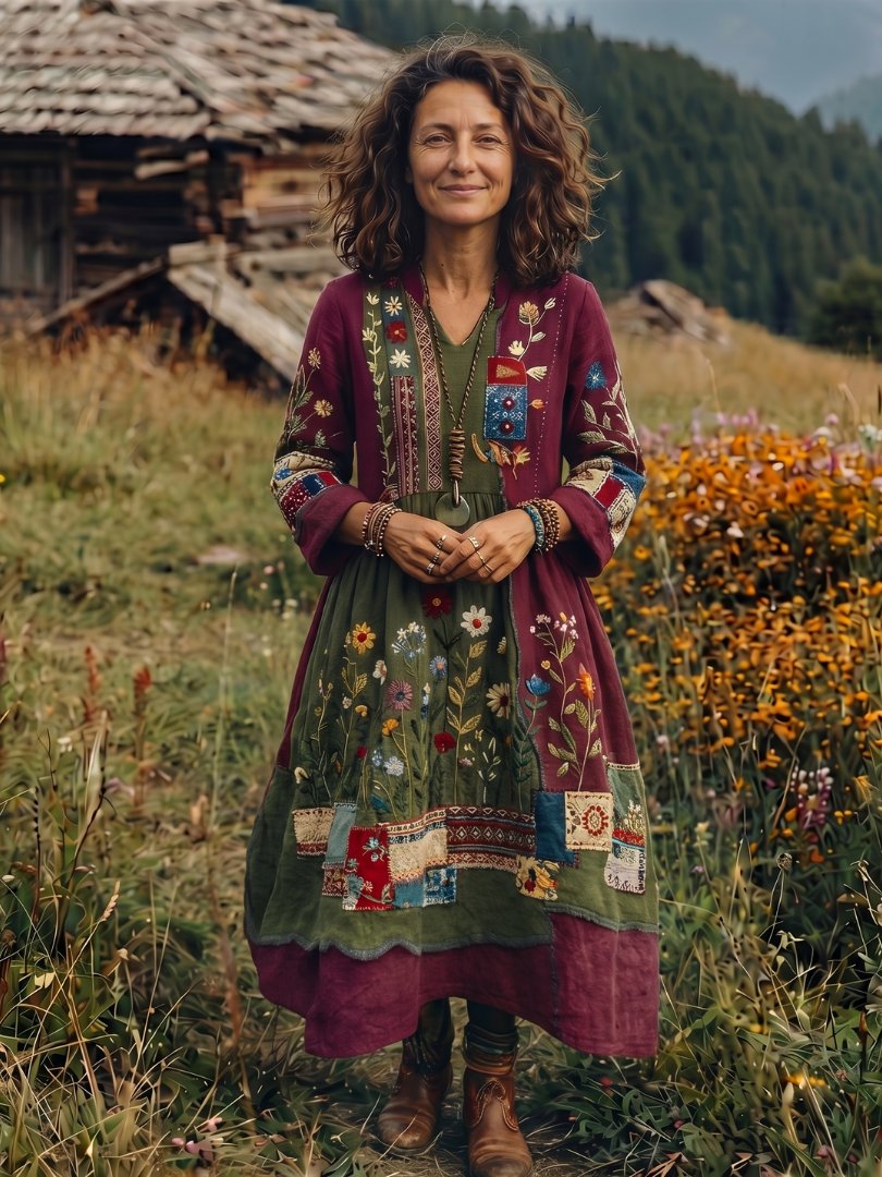 Women's Embroidered Panel Long Sleeve Midi Dress Angle