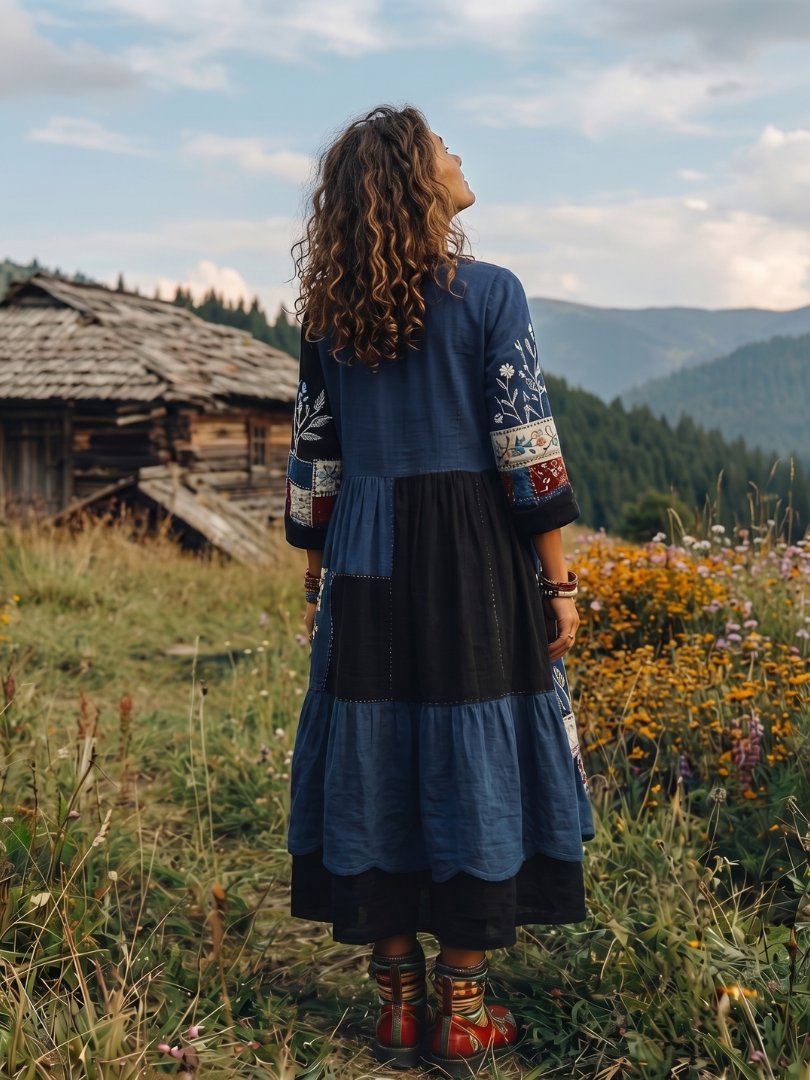 Women's Embroidered Panel Long Sleeve Midi Dress Close Up