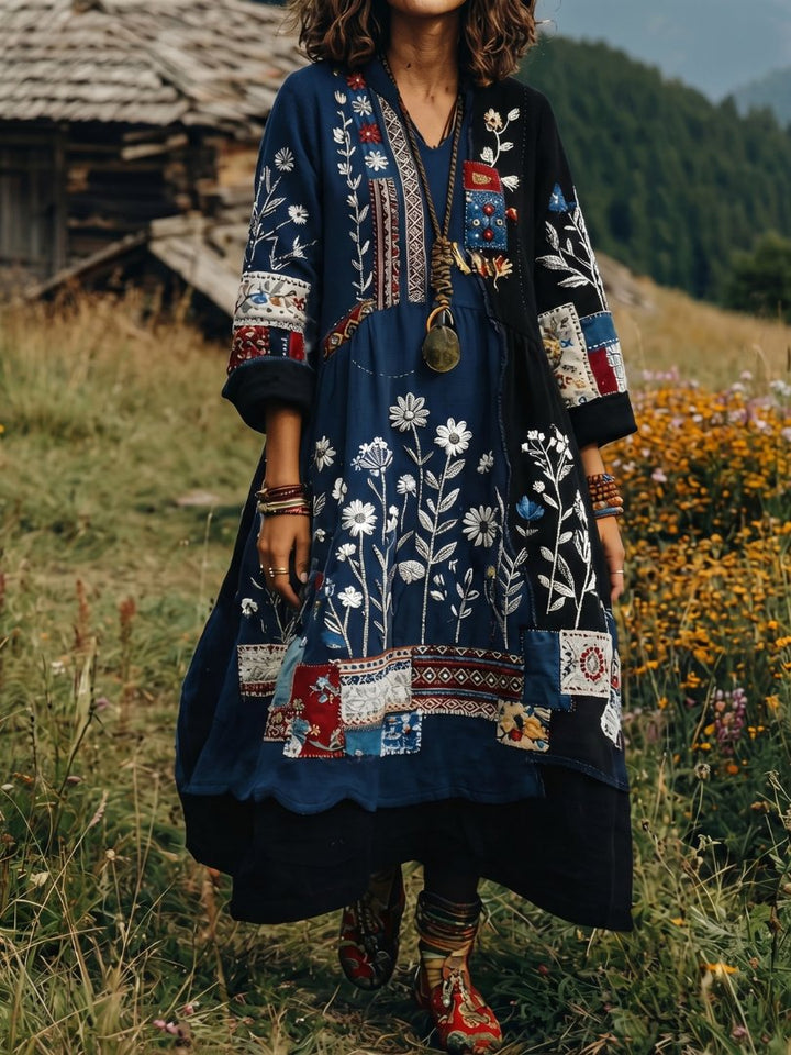 Women's Embroidered Panel Long Sleeve Midi Dress Detail