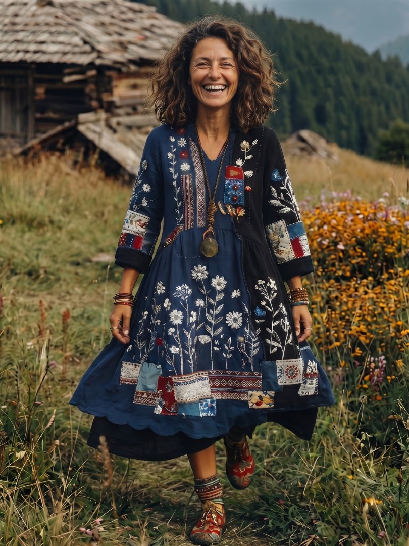 Women's Embroidered Panel Long Sleeve Midi Dress Hero