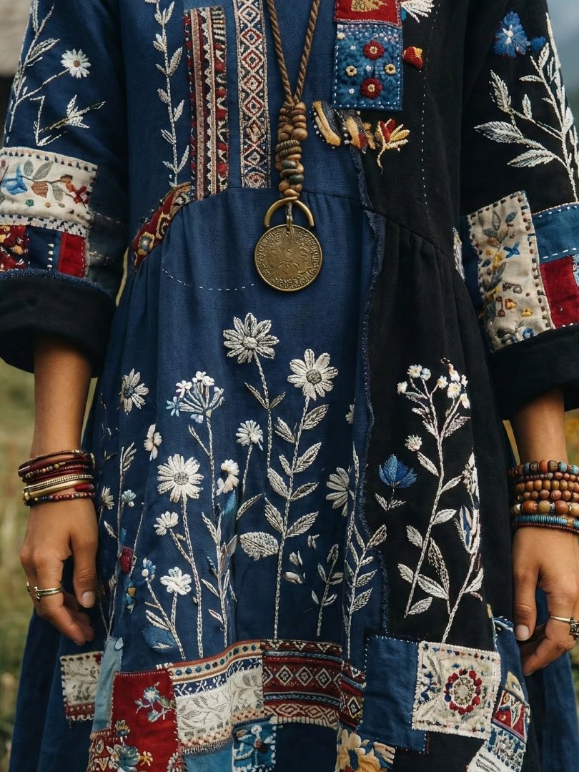 Women's Embroidered Panel Long Sleeve Midi Dress Side