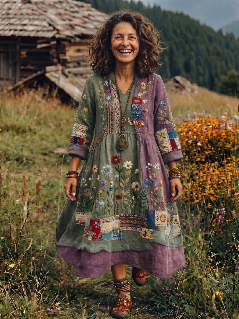 Women's Embroidered Panel Long Sleeve Midi Dress View 11