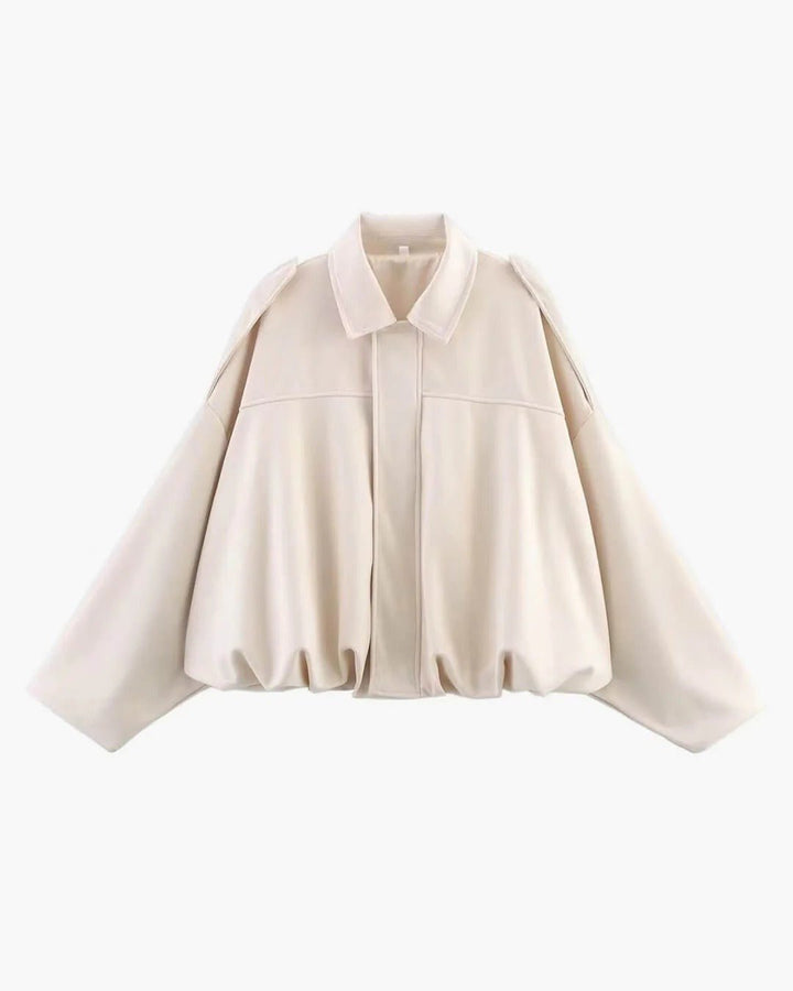 Women's Faux Suede Bomber Jacket | Collared Bubble Hem Fit Angle