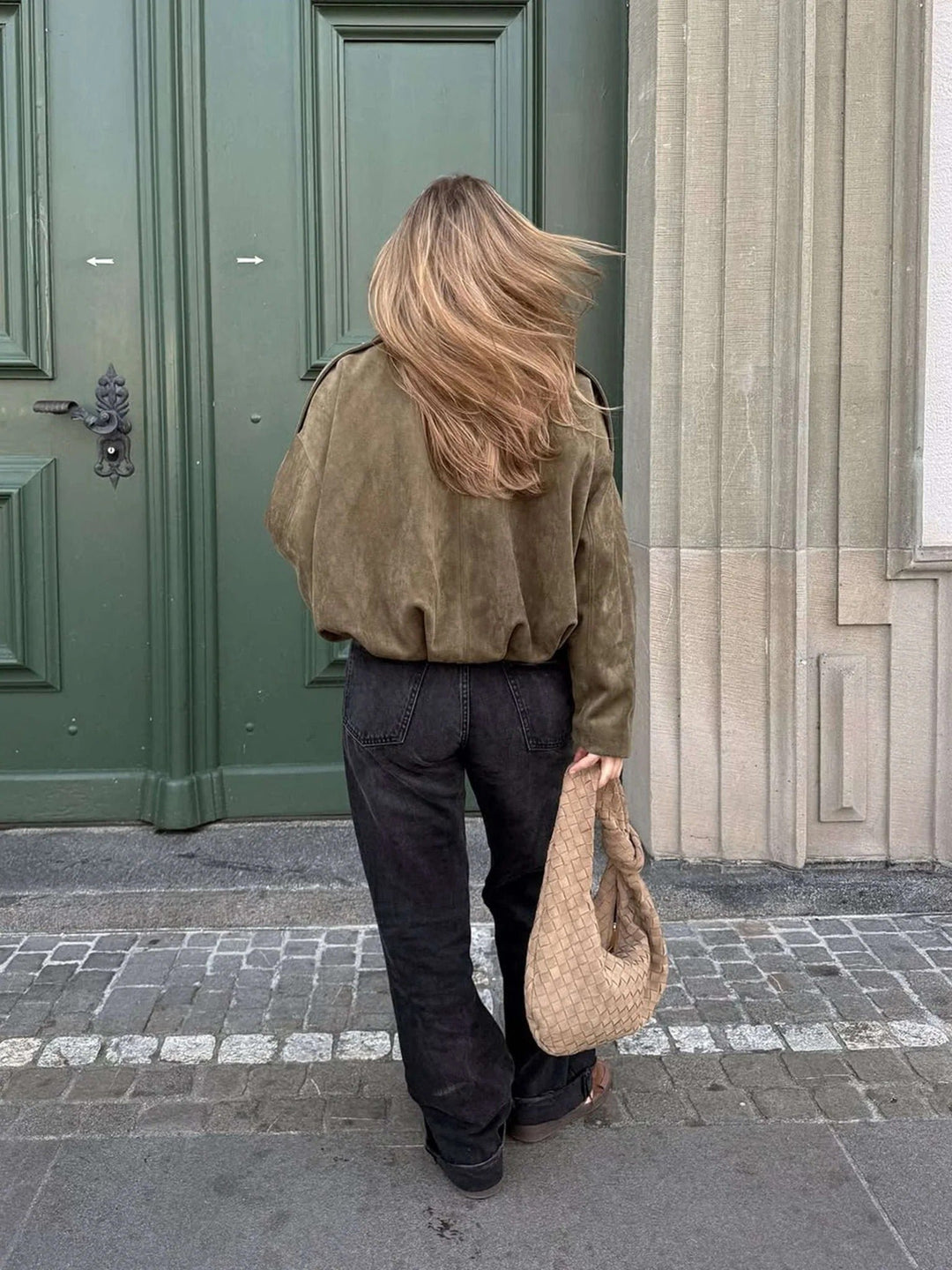 Women's Faux Suede Bomber Jacket | Collared Bubble Hem Fit Back
