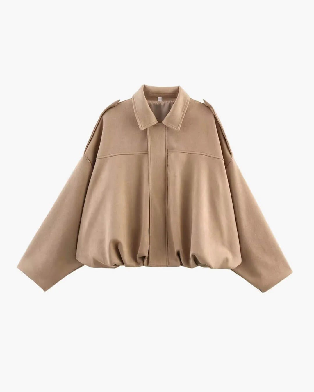 Women's Faux Suede Bomber Jacket | Collared Bubble Hem Fit Close Up