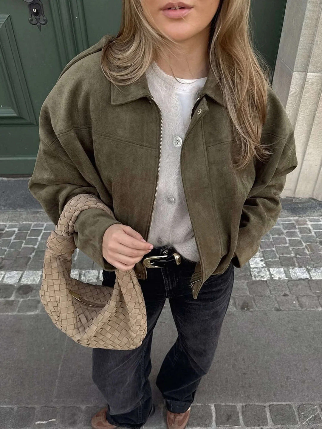 Women's Faux Suede Bomber Jacket | Collared Bubble Hem Fit Detail