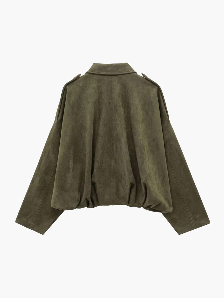Women's Faux Suede Bomber Jacket | Collared Bubble Hem Fit Front